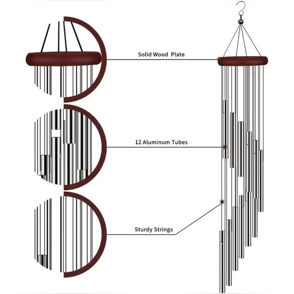 Wind Chimes Indoor Outdoor, Dark wood Wind Chimes 12 Aluminum tubes - Picture 4 of 6